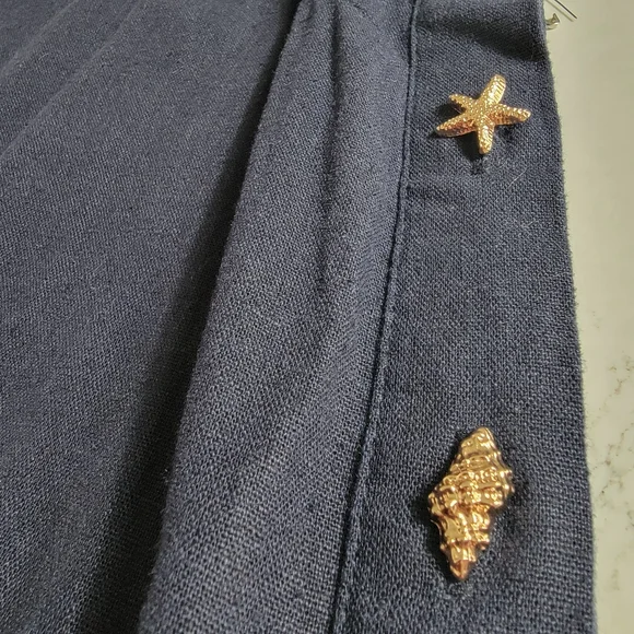 Cynthia Rowley Navy Linen blend coastal Dress Gold Shell Buttons Pockets Size L - Picture 5 of 11